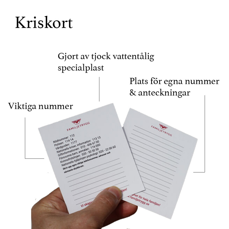 Familjetryggs egna kriskort som har viktiga nummer