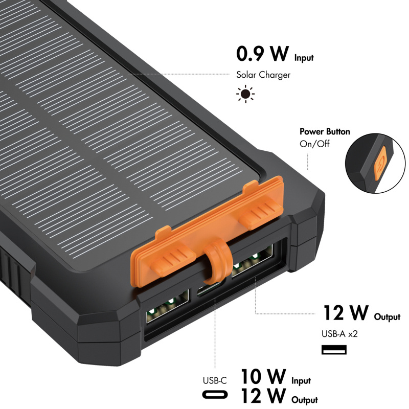 Solcells-Powerbank 10.000mAh 2xUSB-A + USB-C in/ut 12W